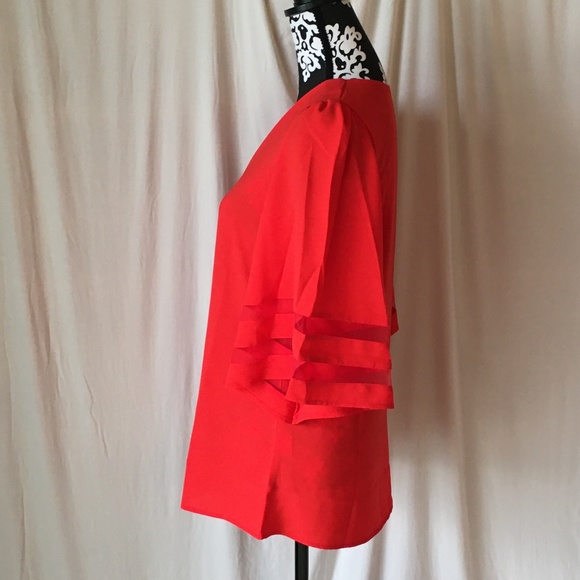 Red Bell Sleeve Tunic Swing Blouse Contrast Mesh Panels on Sleeves, NWOT, Small - Picture 4 of 15